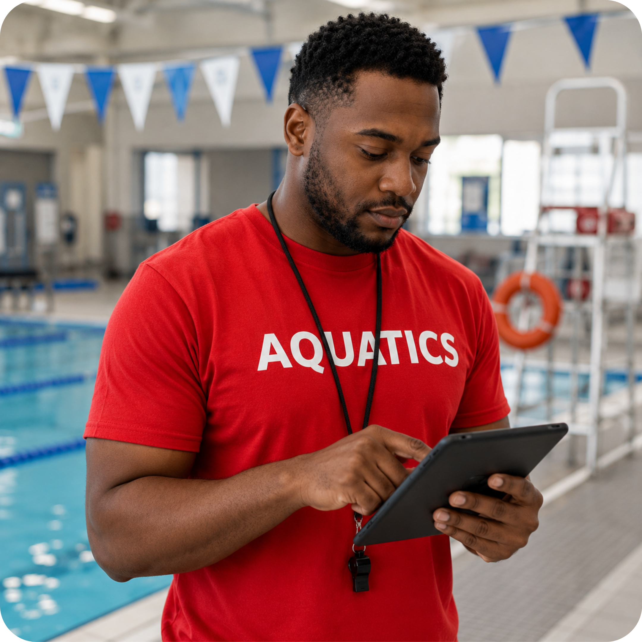 Aquatic supervisor using a tablet to complete pool inspection and operational documentation while standing on the pool deck