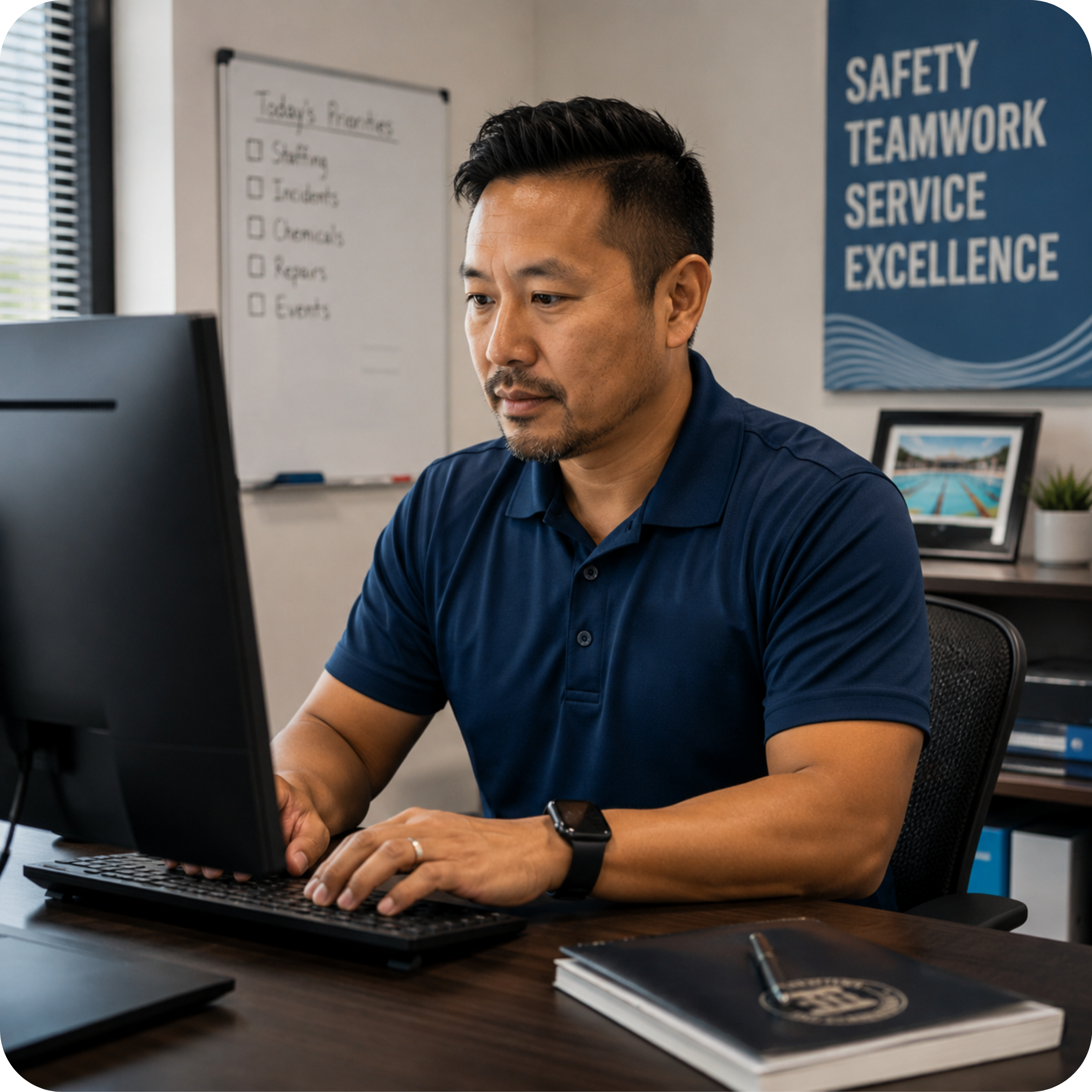 Aquatics director managing summer operations, documentation, and risk management records from an office workstation.